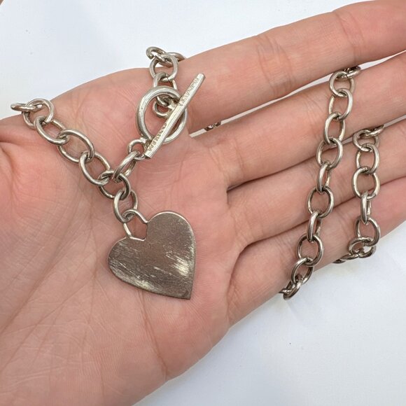 VTG Sterling Silver 925 Heart Tag Round Link Chain Necklace Size 17.5" Length - Picture 5 of 12